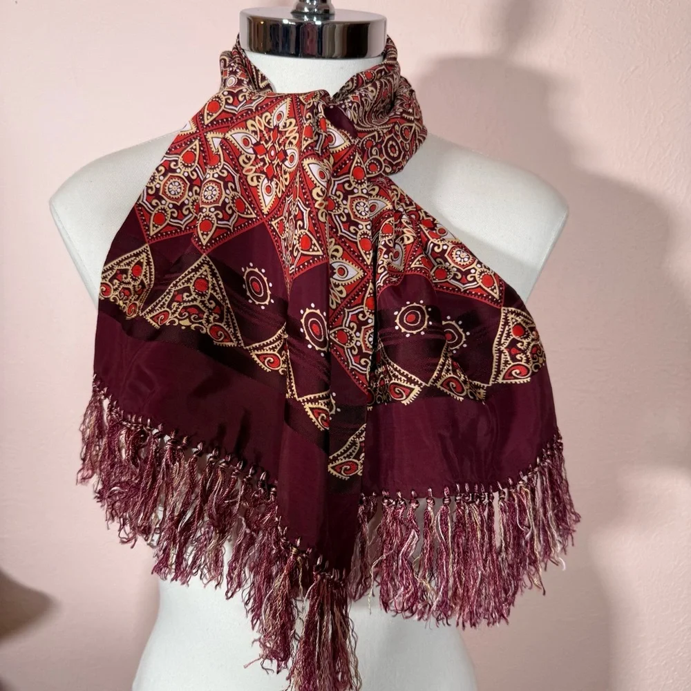 Vintage 1970’s Burgundy art deco Geometric Patterned Fringed Cravat Scarf